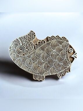 Handcrafted Wooden Fish Rustic Figurine Indian Block Print Stamp Decorative⁠
